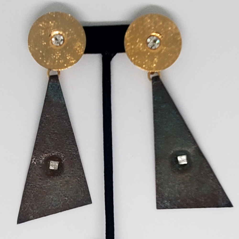 Artisan Hammered Metal Clip-on Dangle Earrings with Gold Disc and Crystals